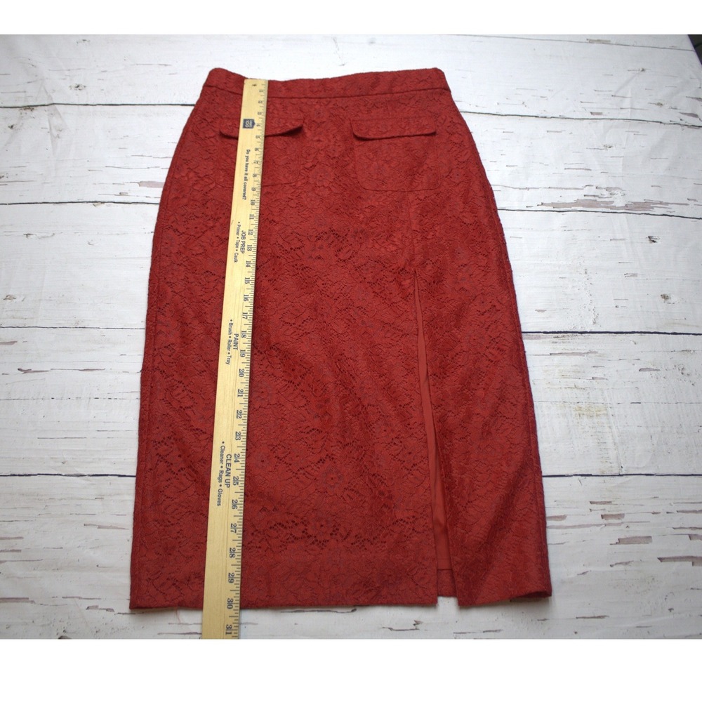 J.Crew Lace Midi Skirt Rust Red Pencil Front Slit 4 Holiday Wedding Guest - Picture 6 of 9